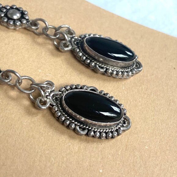 Sterling Silver 925 1.71" Oval Bezel Set Black Onyx Dangle Drop Earrings - Picture 5 of 16
